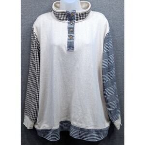 LANDS END Top - Cream, Herringbone, Houndstooth, Mixed Plaid, Mock Neck, 2X